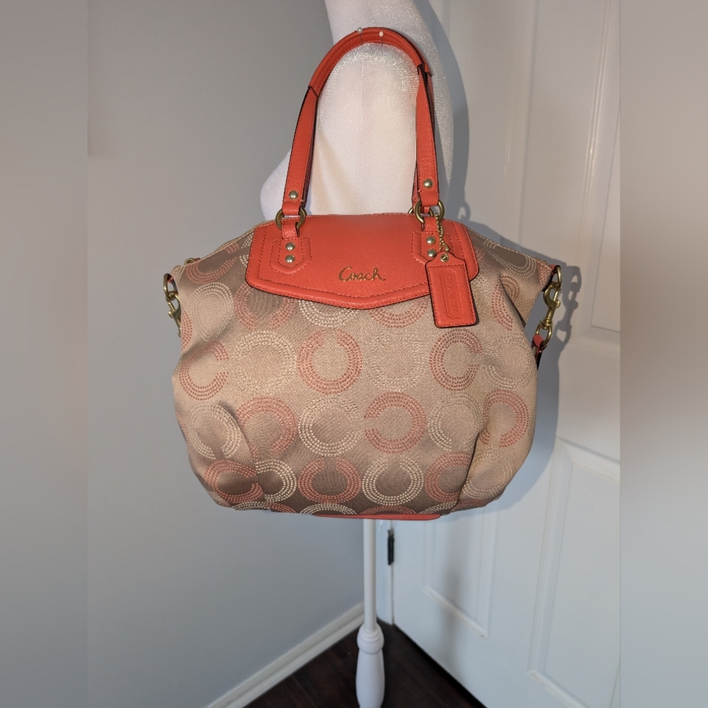 Coach Ashley Dotted Op Art Beige & Coral Satchel Detachable Shoulder Strap